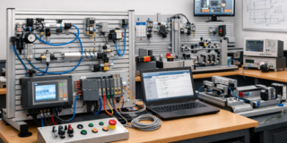 Ein Bild von einem Laborraum voller Pneumatikausrüstung. Im Hintergrund hängt ein Schild "Fachlabor"